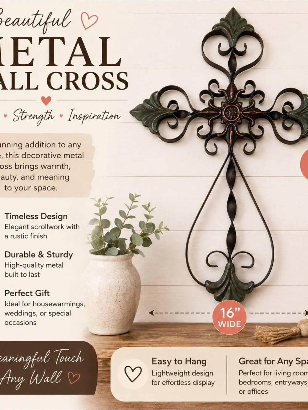 Metal Wall Cross - Rustic Scrollwork Decorative Cross in Black and Green